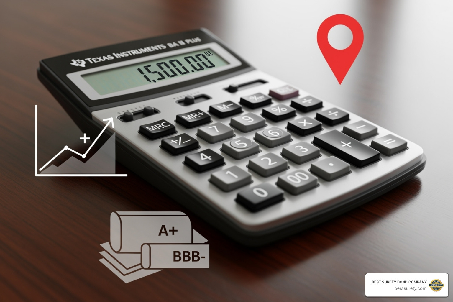 A calculator with icons representing a credit score graph, different types of bond certificates, and a map location pin, symbolizing the key factors influencing bond cost. - contractors bond cost A calculator with icons representing a credit score graph, different types of bond certificates, and a map location pin, symbolizing the key factors influencing bond cost. - contractors bond cost