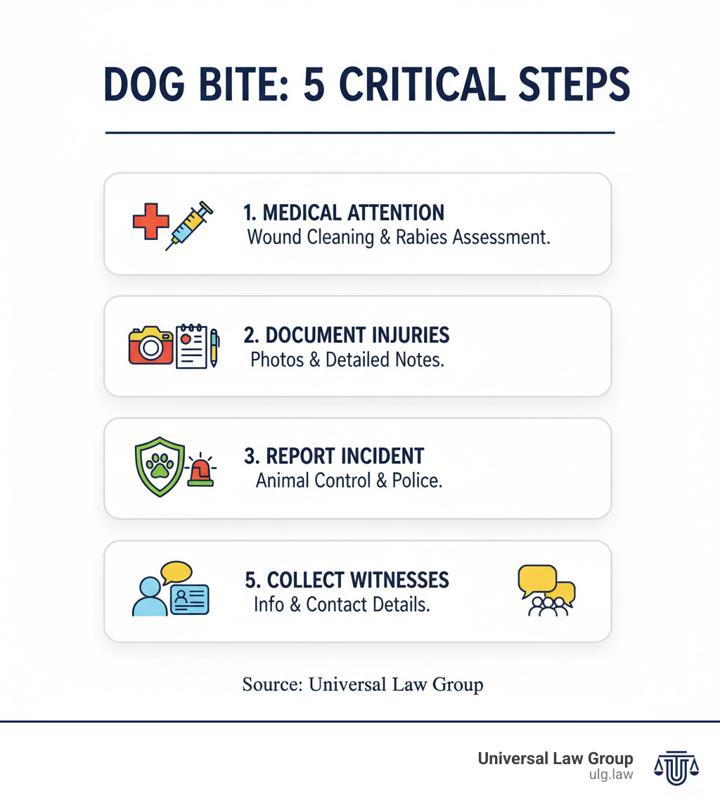 Infographic showing the first 5 critical steps after a dog bite: 1. Seek immediate medical attention for wound cleaning and rabies assessment, 2. Document all injuries with photos and detailed notes, 3. Report the incident to local animal control and police, 4. Identify the dog owner and gather their contact information, 5. Collect witness information and contact details - do i need a lawyer for a dog bite infographic 