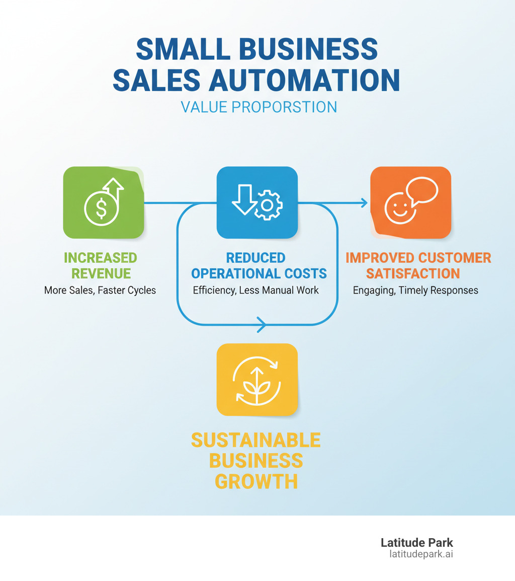 Infographic explaining the value proposition of small business sales automation, showing increased revenue, reduced operational costs, and improved customer satisfaction leading to sustainable business growth - Small business sales automation infographic 