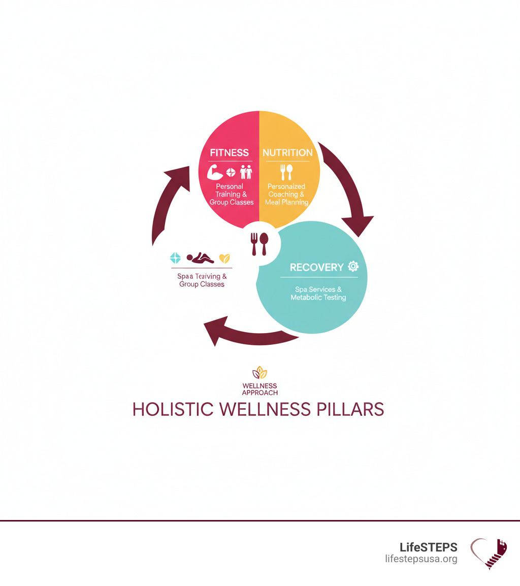 Comprehensive infographic showing the three pillars of a wellness approach: Fitness (including personal training and group classes), Nutrition (featuring personalized coaching and meal planning), and Recovery (encompassing spa services and metabolic testing), with arrows connecting all three elements in a circular flow - lifetime fitness nutrition coach infographic 
