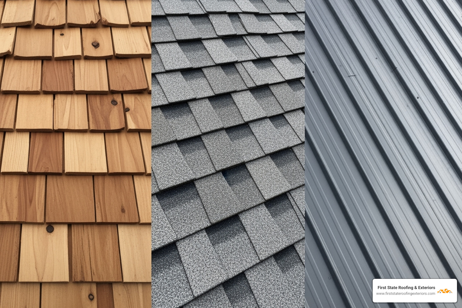 Side-by-side comparison of cedar, asphalt, and metal roofing materials - how long will a cedar share roof last in delaware