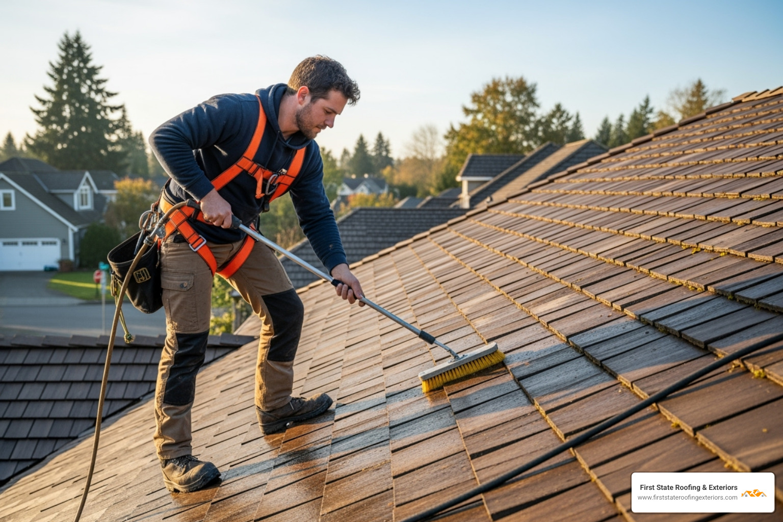 Roofing professional safely cleaning a cedar roof with a soft brush - how long will a cedar share roof last in delaware