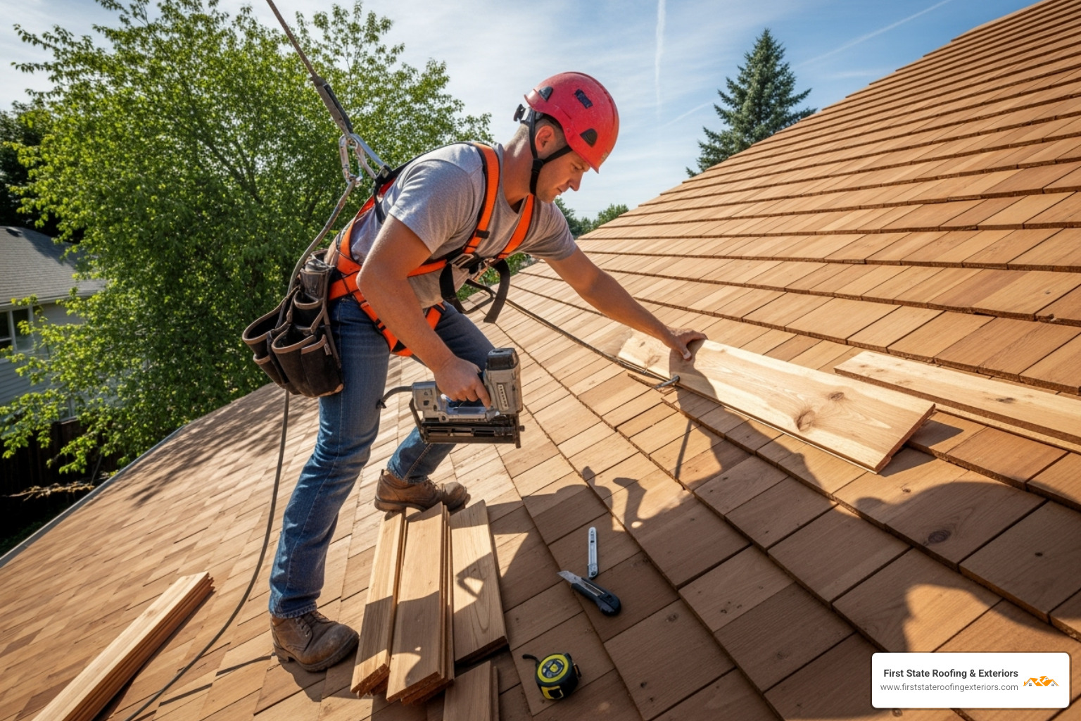 Roofer in safety harness installing cedar shakes - how long will a cedar share roof last in delaware