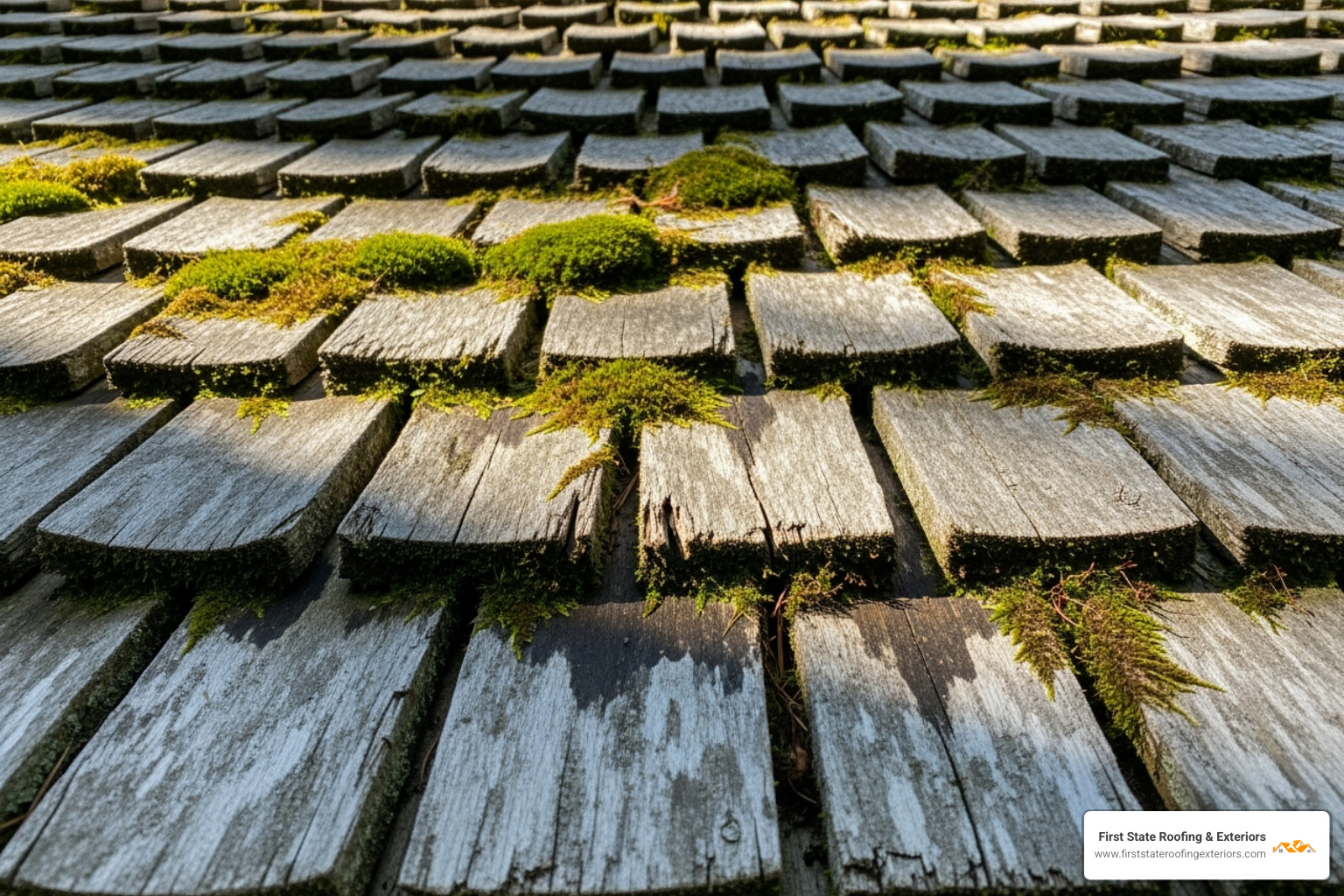 Weathered cedar shake roof showing signs of moss growth - how long will a cedar share roof last in delaware