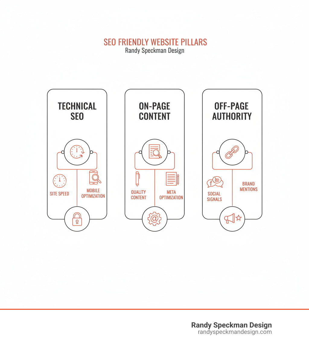 Comprehensive infographic showing the three main pillars of an SEO friendly website: Technical SEO (including site speed, mobile optimization, security), On-Page Content (including keyword research, quality content, meta optimization), and Off-Page Authority (including backlinks, social signals, brand mentions) - SEO friendly website infographic 