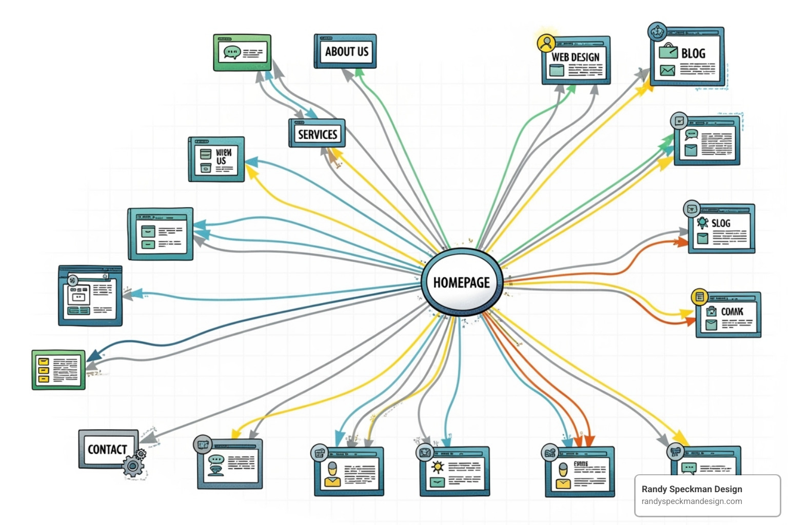 Website architecture diagram with connected pages and navigation paths - SEO friendly website