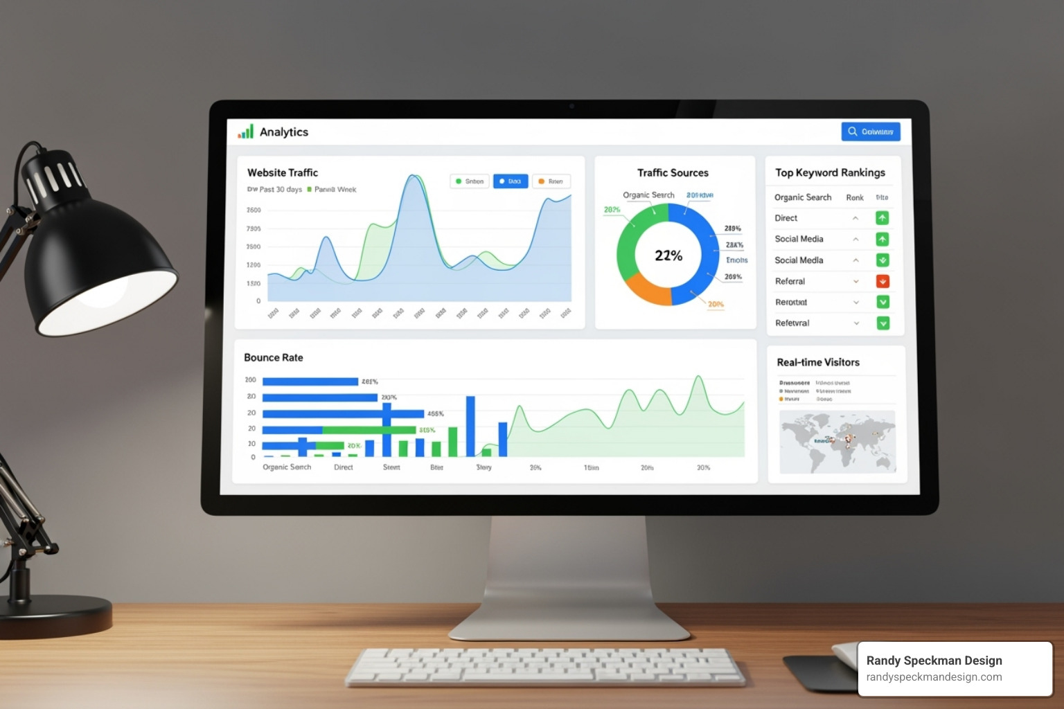 Analytics dashboard showing website performance metrics like traffic, bounce rate, and keyword rankings - SEO friendly website