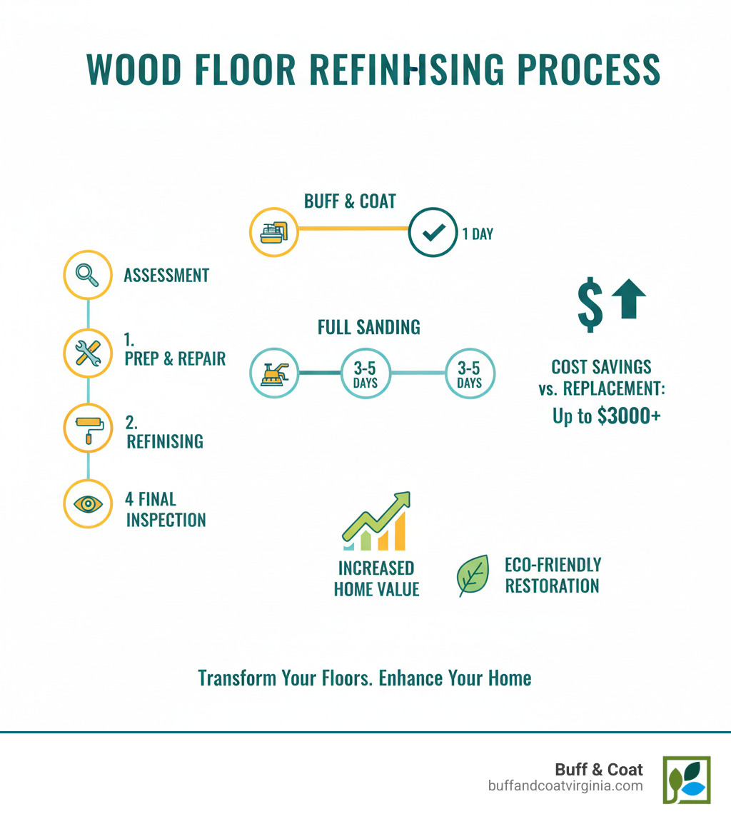 Infographic showing the complete wood floor refinishing process from assessment to final inspection, including timeline comparisons between buff and coat (1 day) versus full sanding (3-5 days), cost savings versus replacement, and key benefits like increased home value and eco-friendly restoration - wood floor refinishing chesterfield va infographic Infographic showing the complete wood floor refinishing process from assessment to final inspection, including timeline comparisons between buff and coat (1 day) versus full sanding (3-5 days), cost savings versus replacement, and key benefits like increased home value and eco-friendly restoration - wood floor refinishing chesterfield va infographic