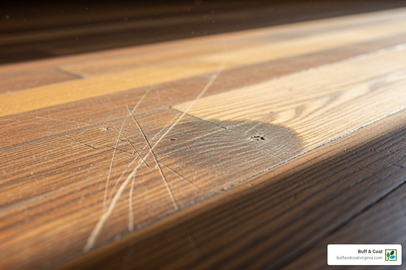 close-up on a hardwood floor showing visible scratches, a dull spot, and sun fading near a window - wood floor refinishing chesterfield va close-up on a hardwood floor showing visible scratches, a dull spot, and sun fading near a window - wood floor refinishing chesterfield va