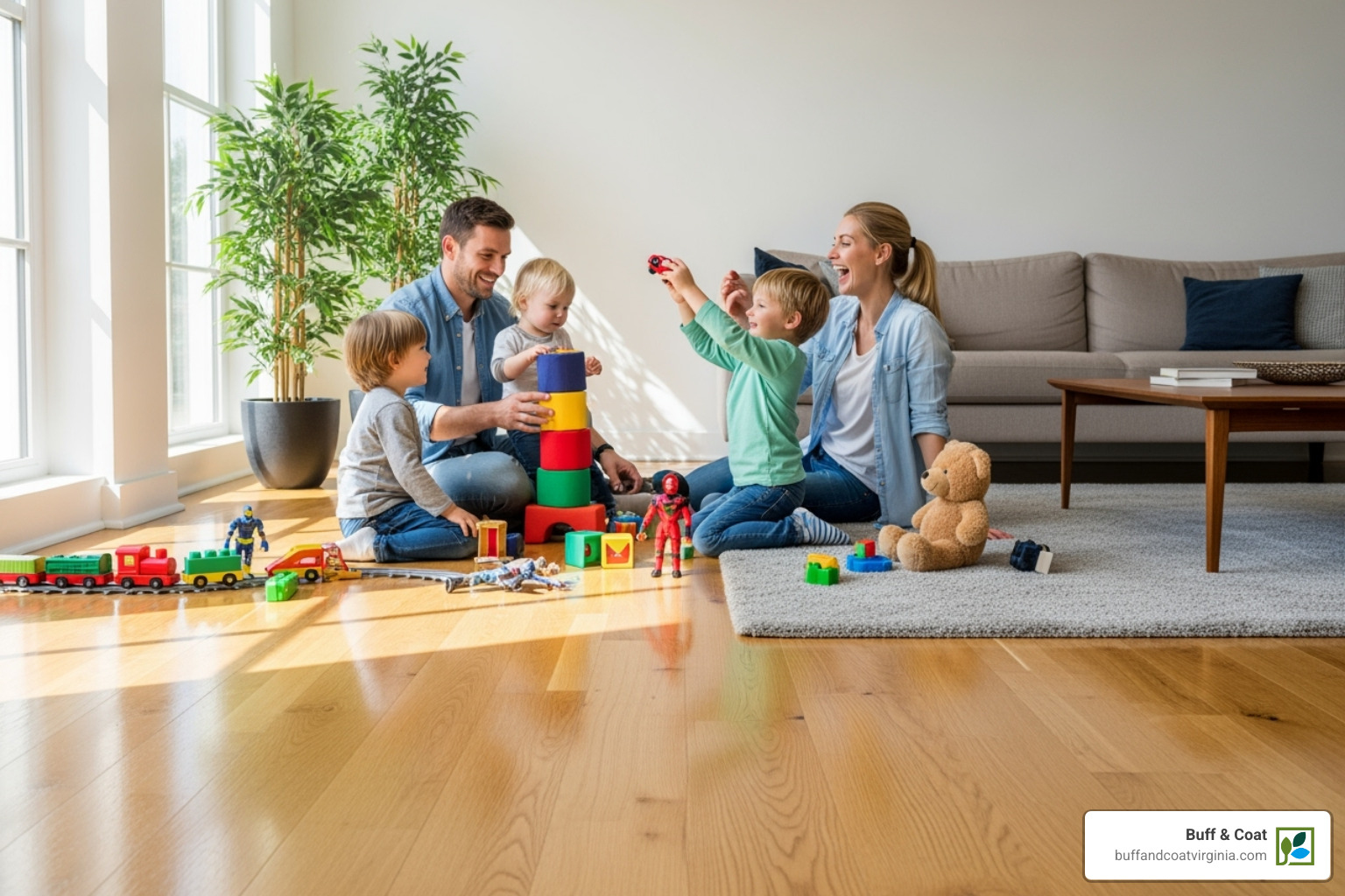 family playing on their pristine, newly refinished living room floor - wood floor refinishing chesterfield va family playing on their pristine, newly refinished living room floor - wood floor refinishing chesterfield va