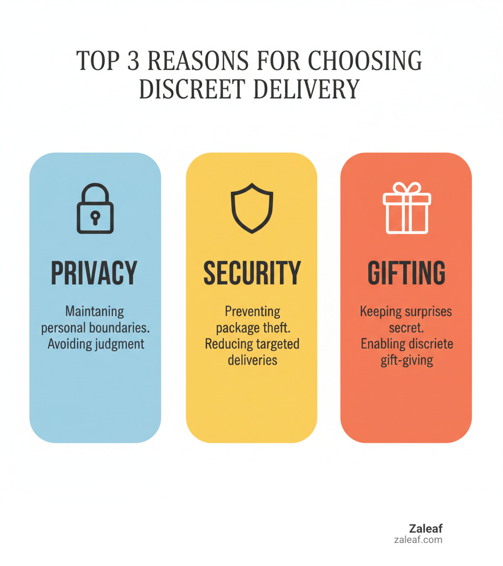 Infographic showing the top 3 reasons for choosing discreet delivery: Privacy (maintaining personal boundaries and avoiding judgment), Security (preventing package theft and reducing targeted deliveries), and Gifting (keeping surprises secret and enabling discrete gift-giving) - discreet vape shipping infographic 