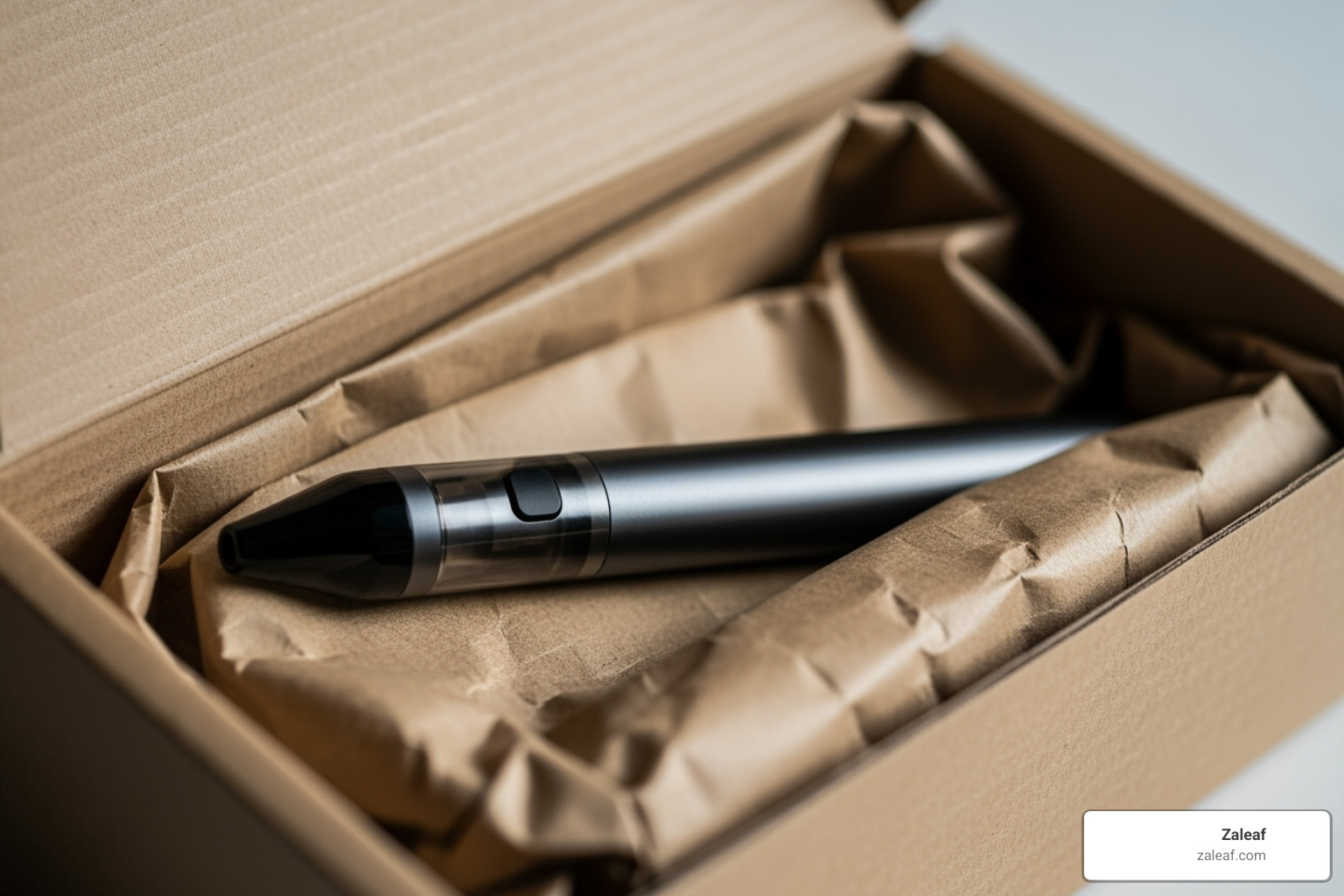 The inside of a discreet package, showing a vape product securely nestled in plain packing material. - discreet vape shipping