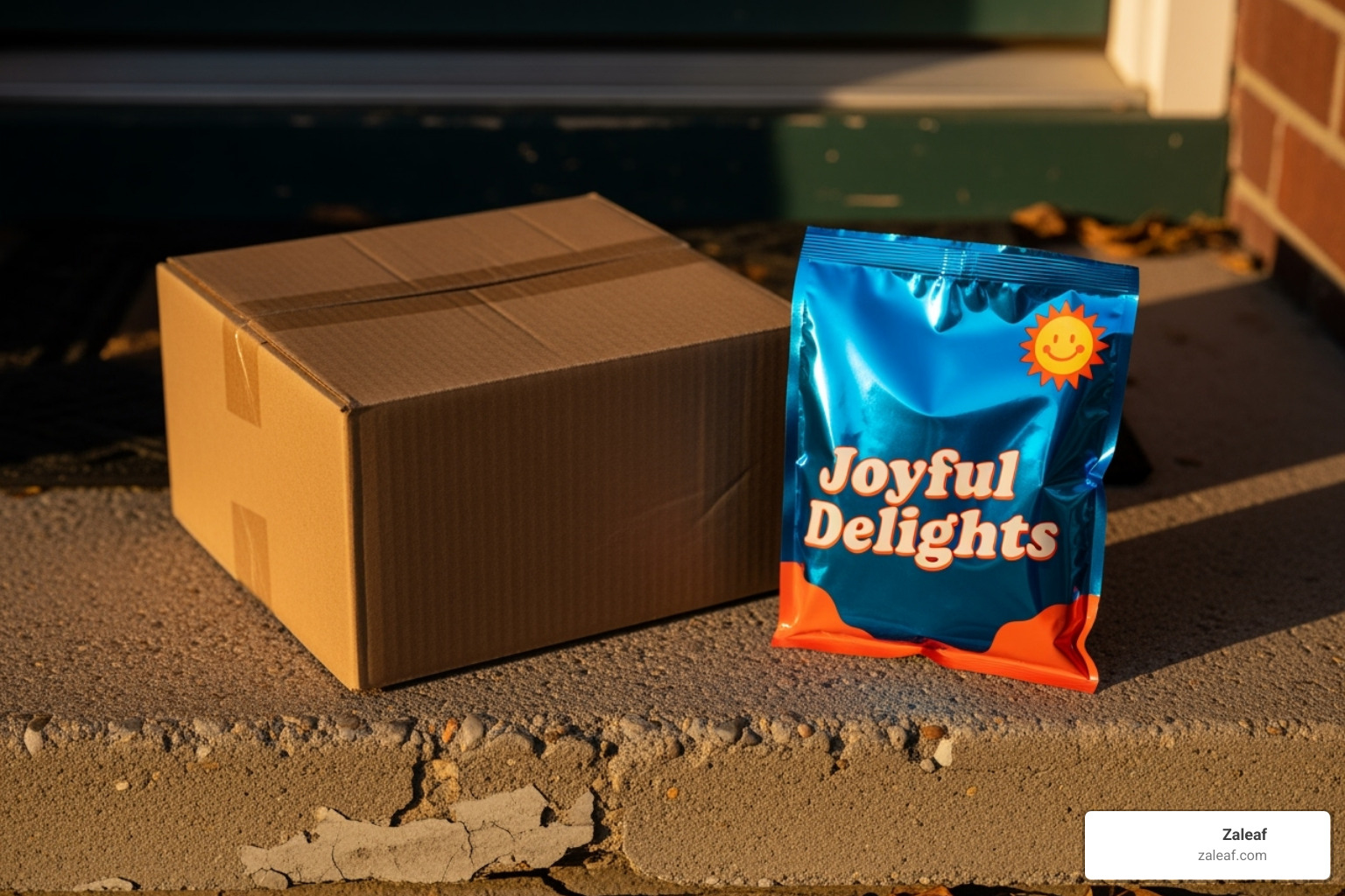 A plain brown package sits on a doorstep, contrasting with a brightly branded package next to it. - discreet vape shipping