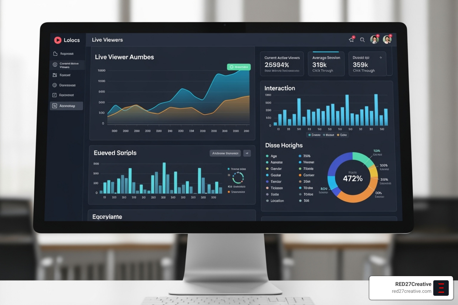 Data analytics dashboard showing real-time audience engagement metrics - media and entertainment consulting firms Data analytics dashboard showing real-time audience engagement metrics - media and entertainment consulting firms