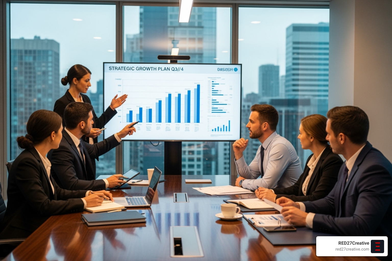 Professional business meeting with consultants presenting to a client team - media and entertainment consulting firms Professional business meeting with consultants presenting to a client team - media and entertainment consulting firms