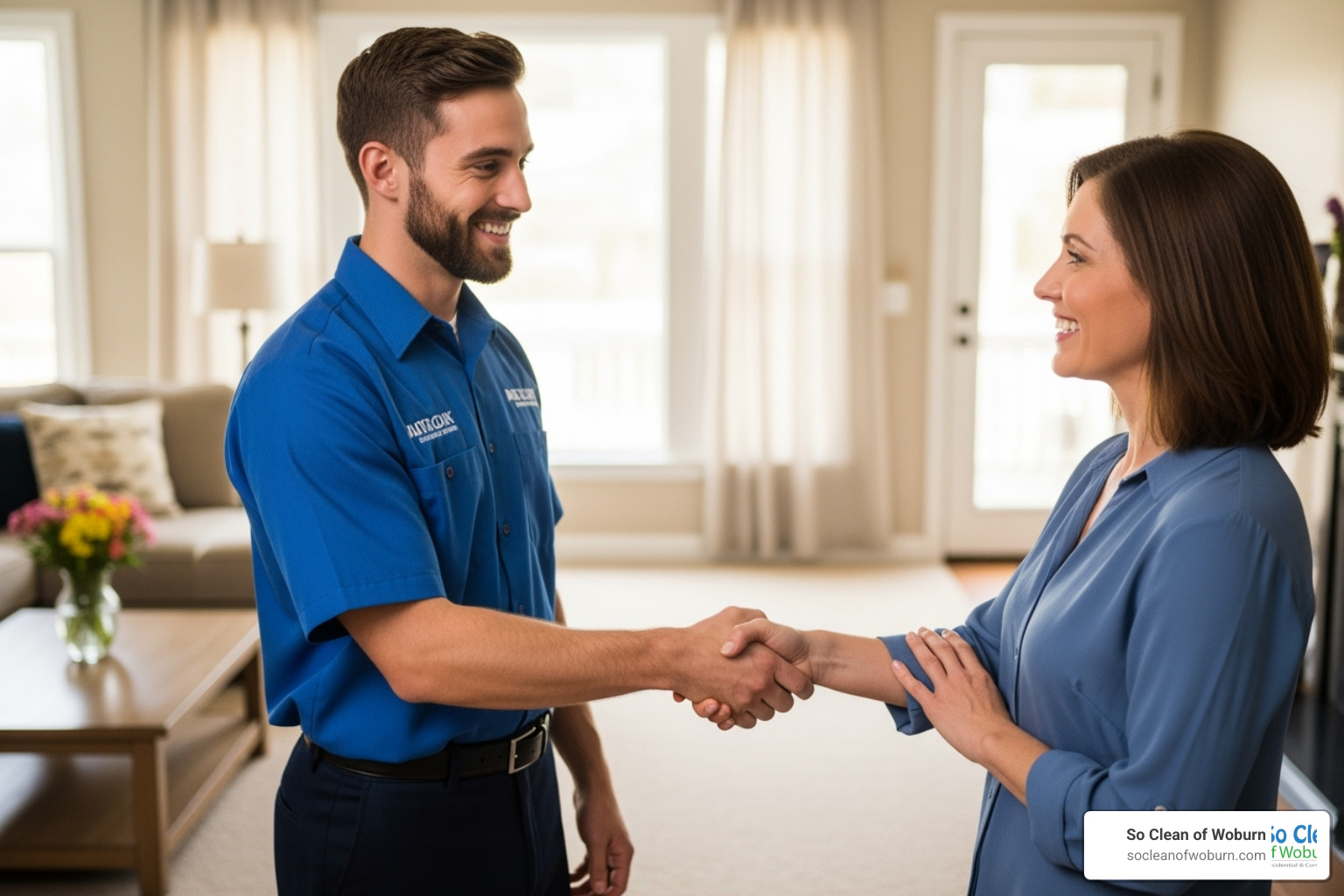 homeowner shaking hands with a friendly carpet cleaning technician - carpet cleaning massachusetts