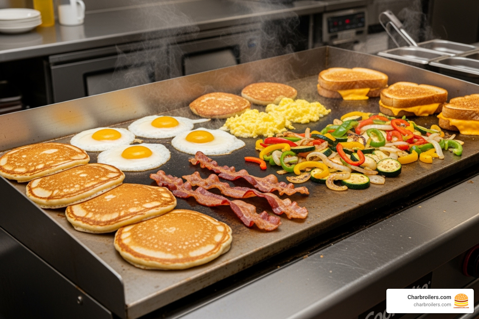 Delicious variety of food being cooked on a large CookRite griddle - cookrite griddle manual