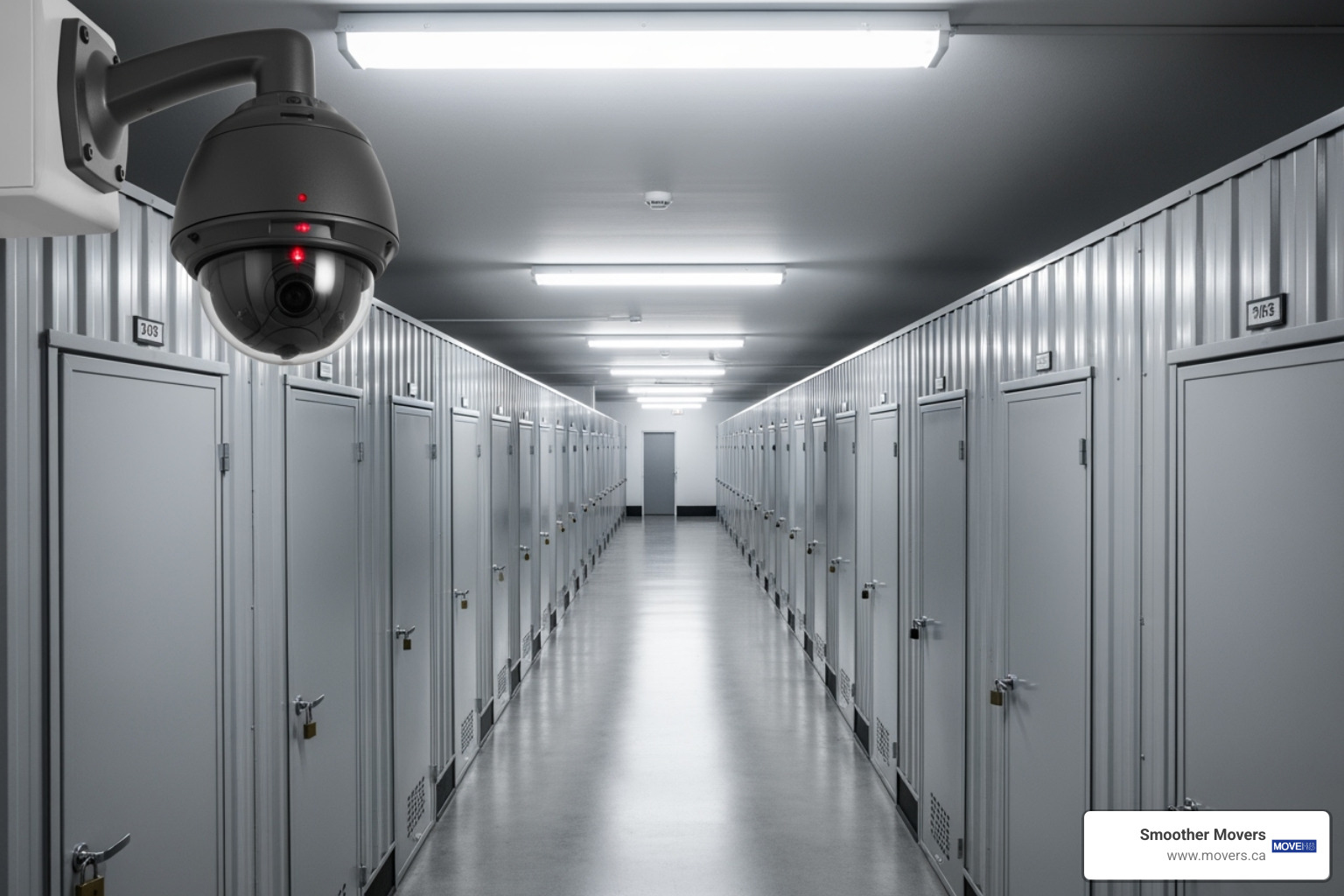 Security camera monitoring a hallway of neatly arranged storage units - Secure offsite storage