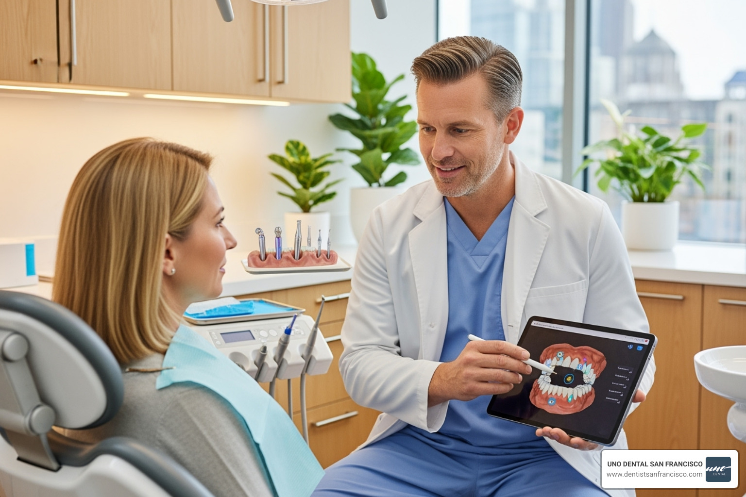 Dentist explaining a treatment plan to a patient using a tablet - all about dentistry Dentist explaining a treatment plan to a patient using a tablet - all about dentistry