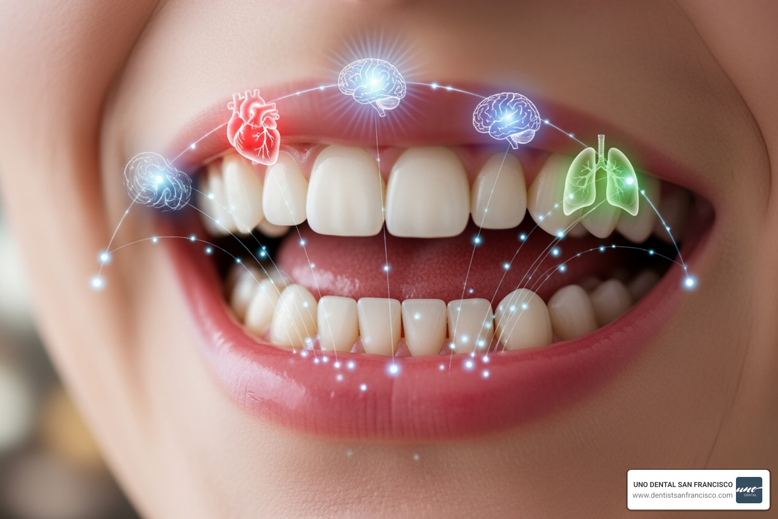 Connection between a healthy mouth and overall body wellness, showing icons for heart, brain, and lungs - all about dentistry Connection between a healthy mouth and overall body wellness, showing icons for heart, brain, and lungs - all about dentistry