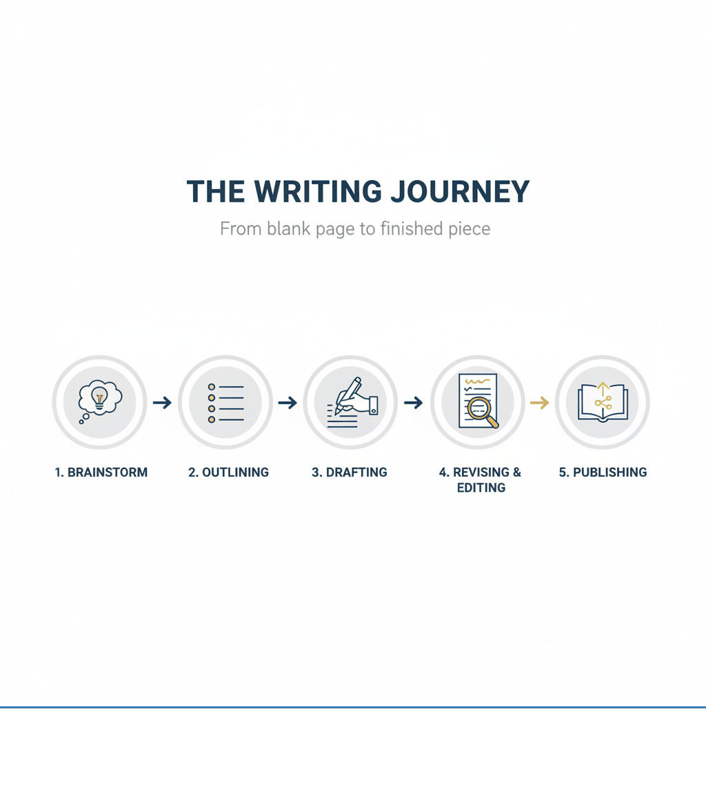 Infographic showing the writing process from brainstorming ideas through outlining, drafting, revising, editing, and publishing the final piece - Writing skills development infographic 