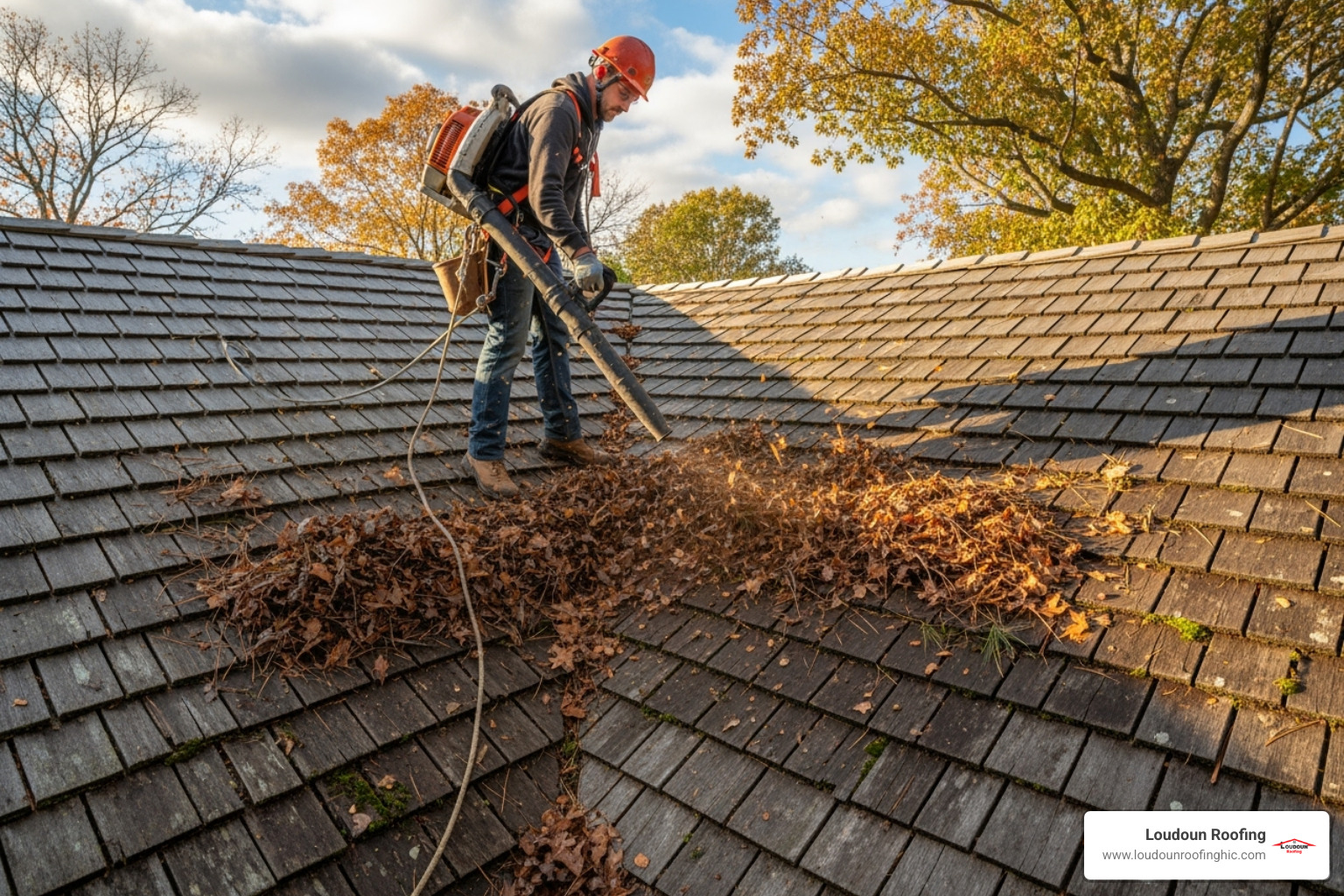 Image of a roofer safely cleaning leaves and debris from a cedar shake roof. - cedar shake roofers near me