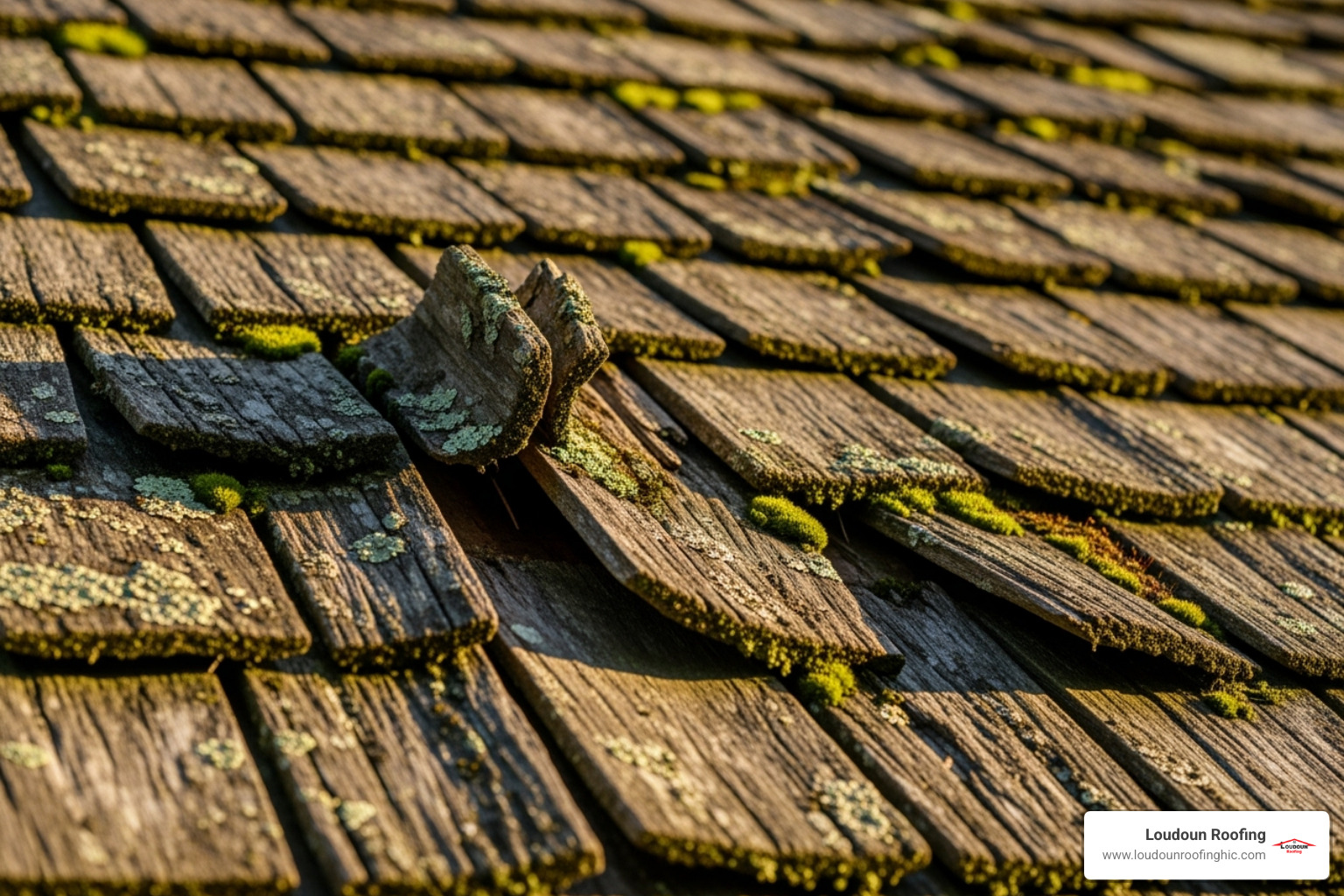 Image showing close-up examples of damaged cedar shakes, including curling, cracking, and moss growth. - cedar shake roofers near me