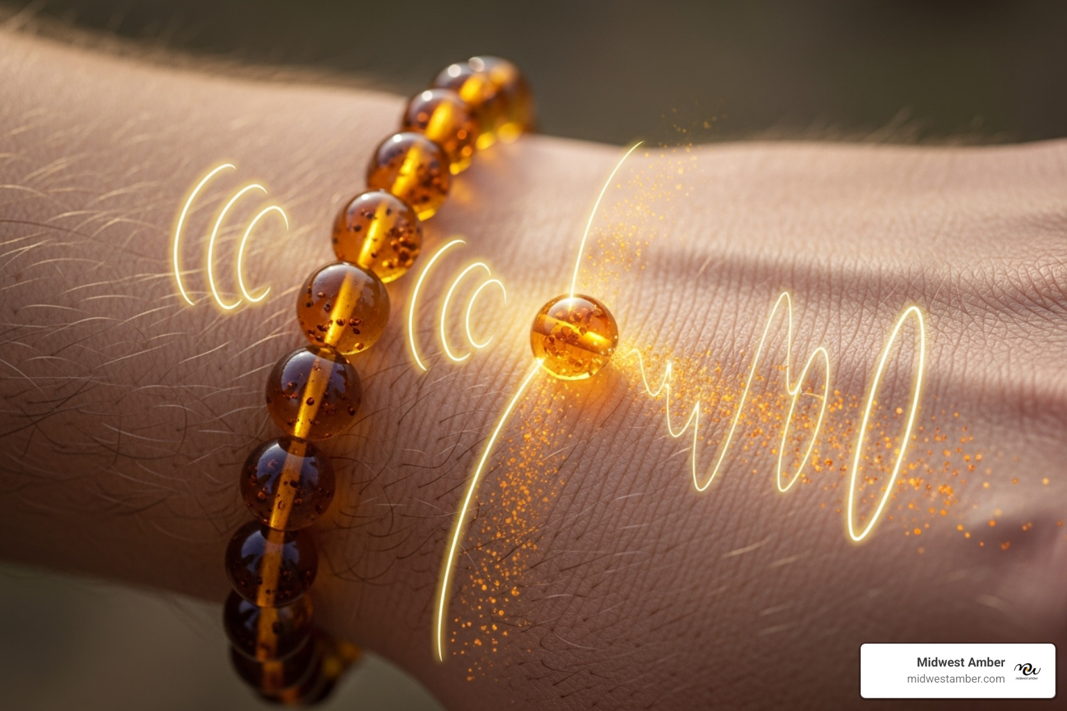 Amber bracelet on wrist with graphic overlays showing heat transfer and absorption into the skin - Amber for arthritis