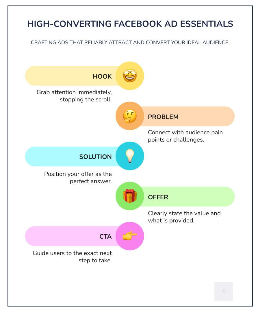 Infographic explaining the core components of a high-converting Facebook ad: Hook, Problem, Solution, Offer, CTA. - facebook ad copywriting service infographic infographic-line-5-steps-colors