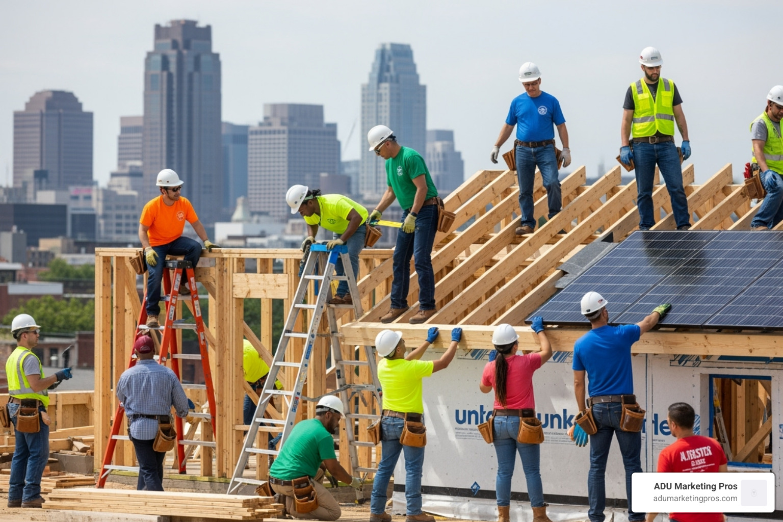 Volunteers and builders collaborating on a home construction site, highlighting community involvement, sustainability, and social impact - home builders san francisco