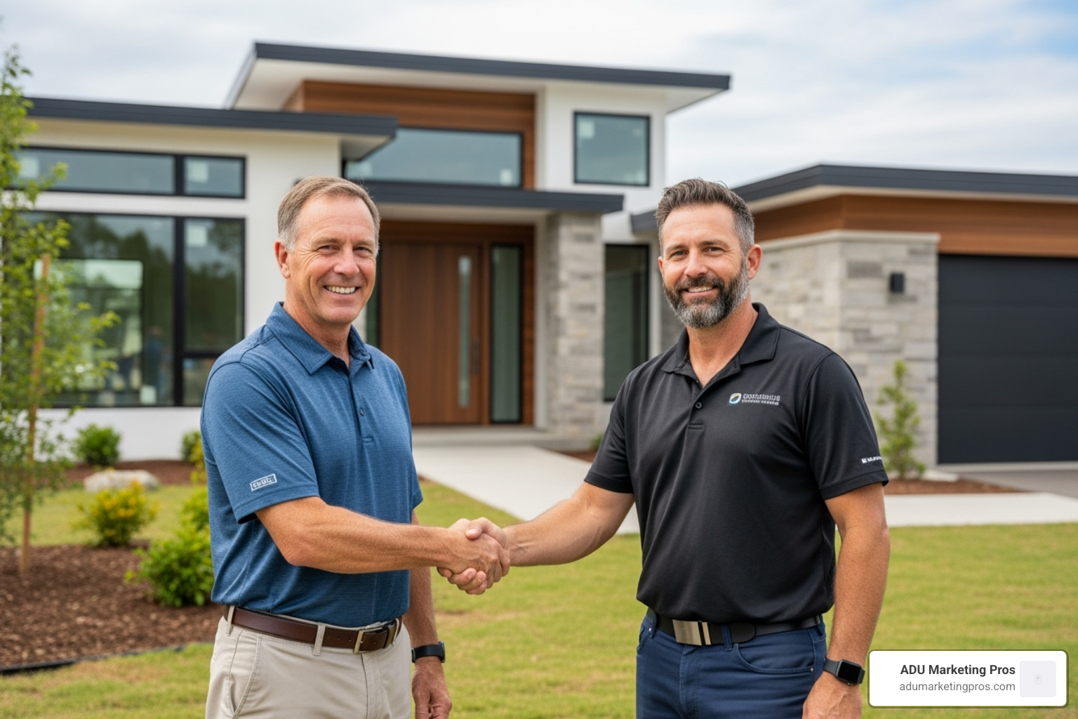 A satisfied homeowner shaking hands with a builder at a completed construction site, symbolizing trust, partnership, and successful project completion - home builders san francisco