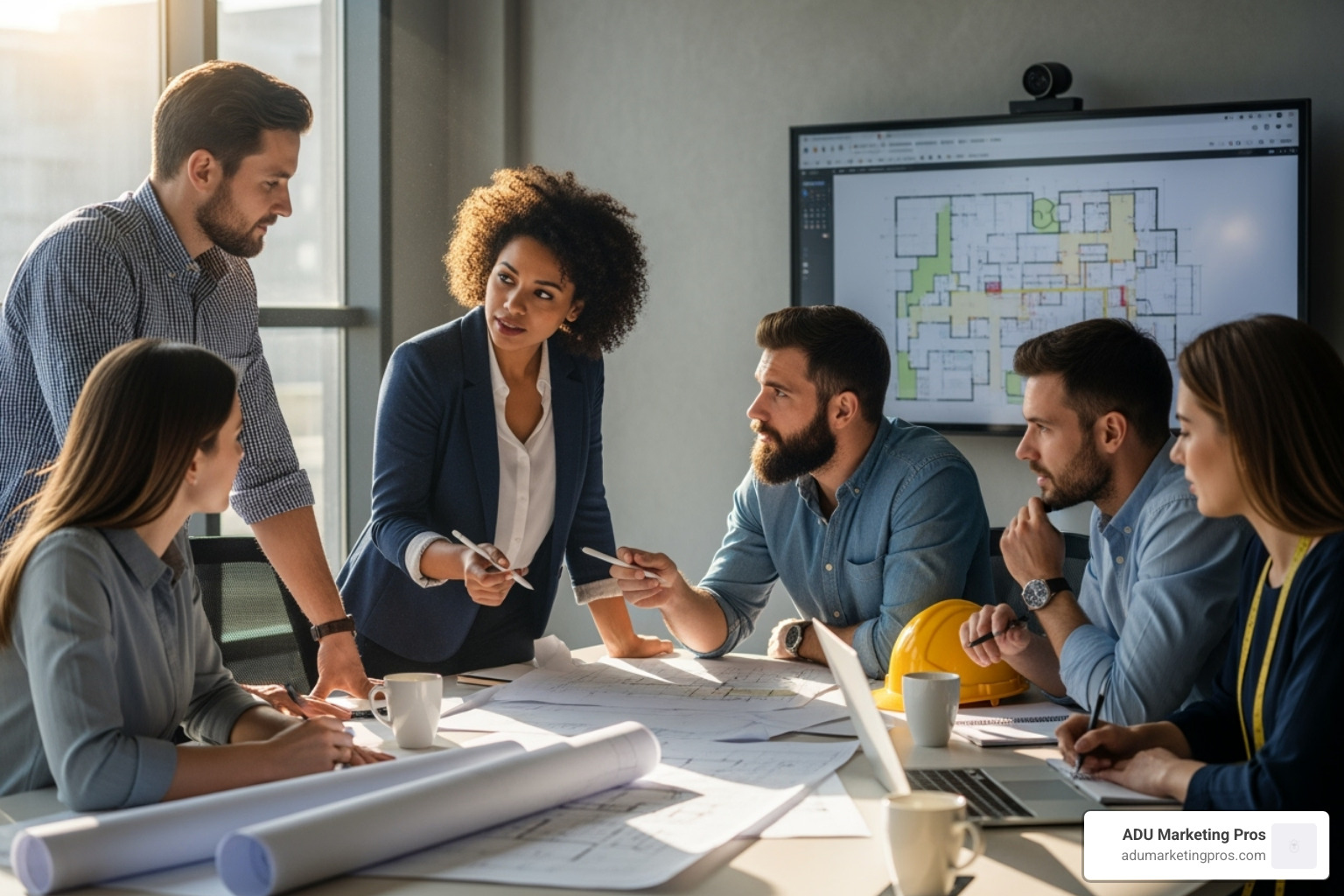 A collaborative team of architects and builders reviewing blueprints in a modern office, emphasizing teamwork, project management, and client communication - home builders san francisco