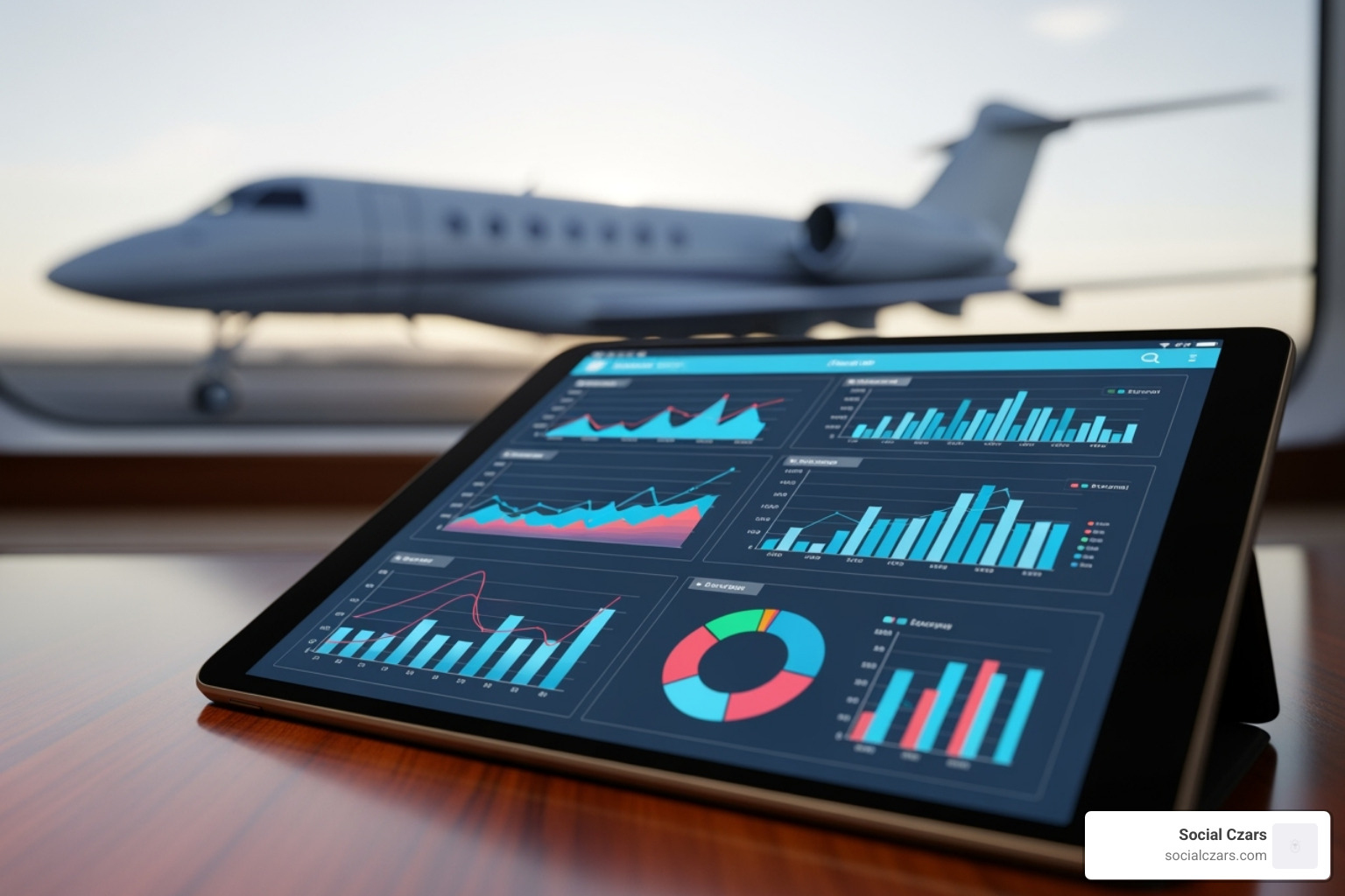 tablet displaying analytics charts with an airplane in the background - private jet SEO services tablet displaying analytics charts with an airplane in the background - private jet SEO services