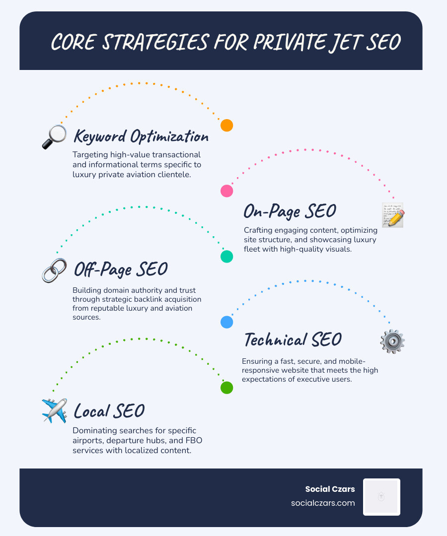 Comprehensive infographic showing the four core pillars of private jet SEO: On-Page SEO featuring luxury website optimization and fleet showcases, Off-Page SEO with authority building through premium backlinks, Technical SEO ensuring fast secure sites for executives, and Local SEO targeting specific airports and departure cities - private jet SEO services infographic infographic-line-5-steps-blues-accent_colors Comprehensive infographic showing the four core pillars of private jet SEO: On-Page SEO featuring luxury website optimization and fleet showcases, Off-Page SEO with authority building through premium backlinks, Technical SEO ensuring fast secure sites for executives, and Local SEO targeting specific airports and departure cities - private jet SEO services infographic infographic-line-5-steps-blues-accent_colors