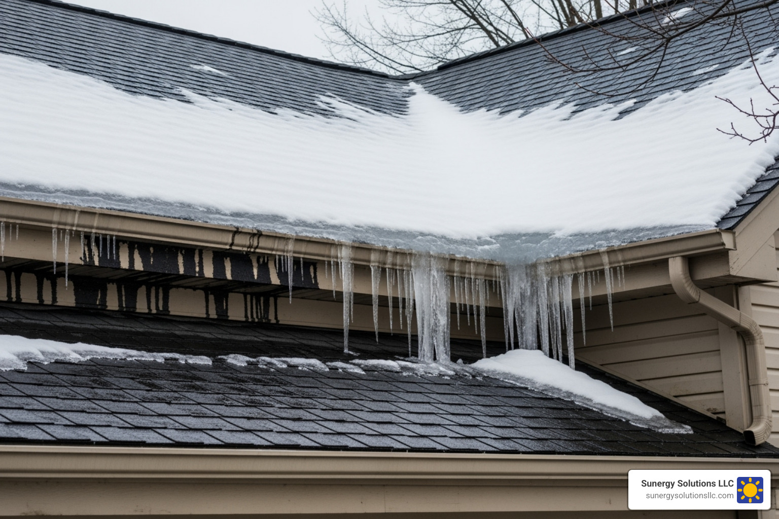 A US suburban home's roof in winter with a large ice dam forming along the eaves, indicating potential water damage - Free roof inspection
