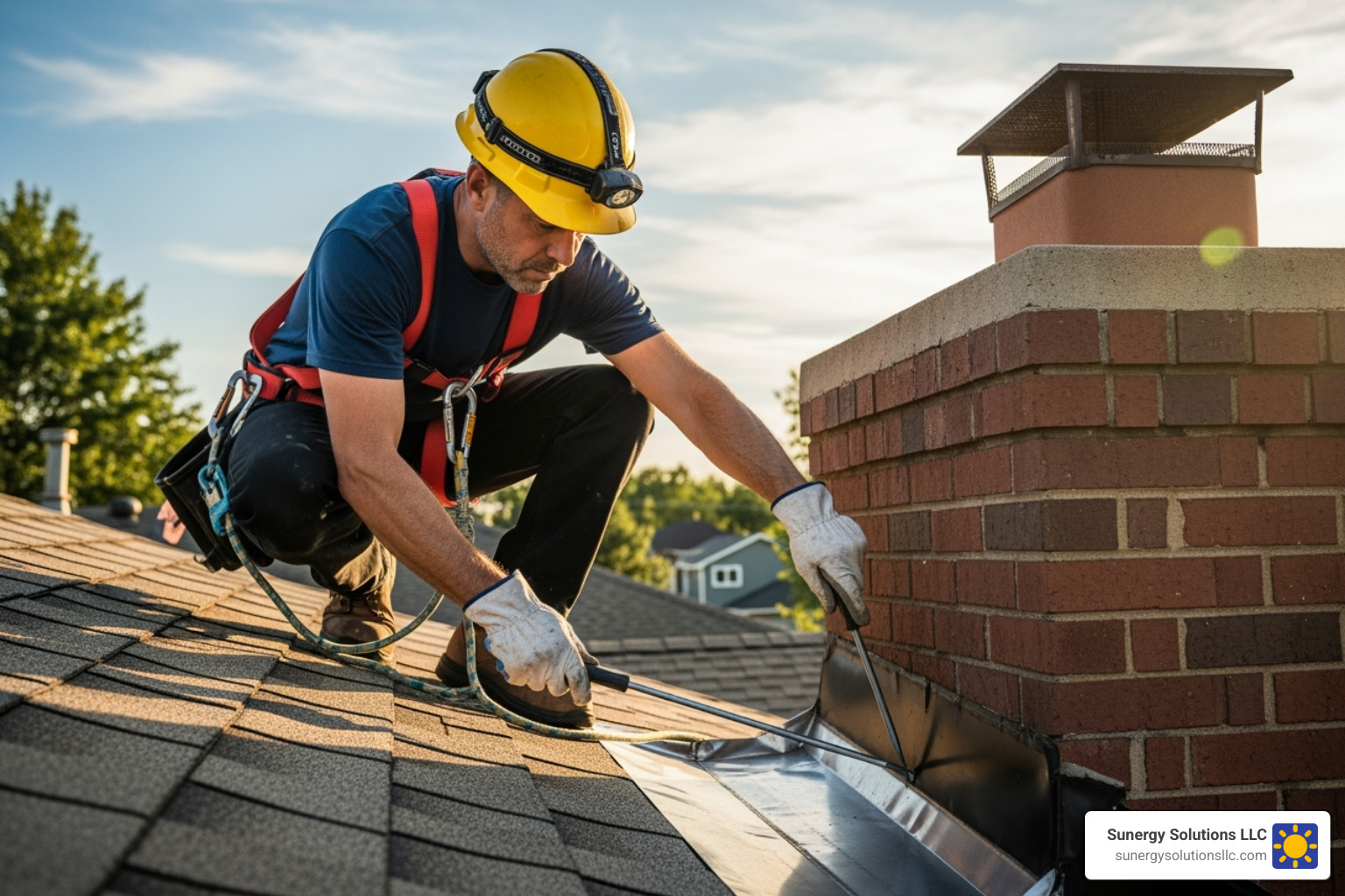 A professional roofer wearing safety gear, carefully examining the flashing around a chimney on a US residential roof, highlighting attention to detail and safety protocols - Free roof inspection