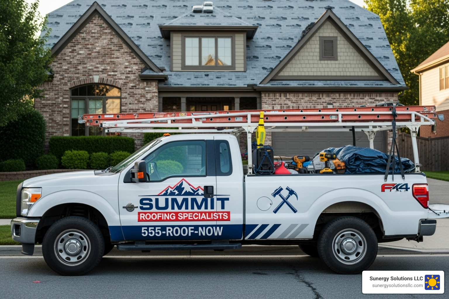 A professional roofer's truck with a clear company logo visible, parked outside a US residential home, emphasizing legitimacy and local presence - Free roof inspection