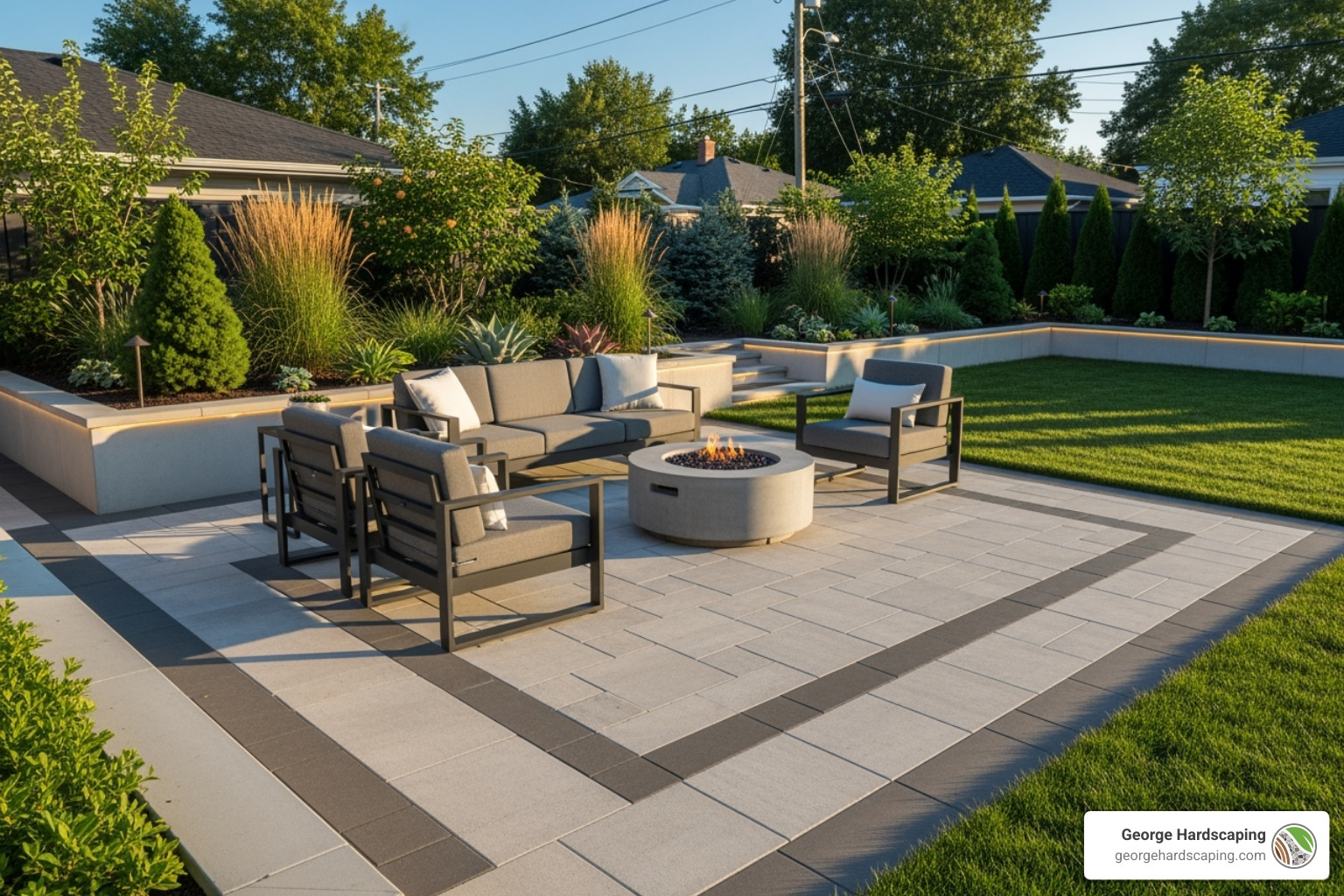 Modern backyard with large-format paver patio and fire pit - patio and walkway contractors