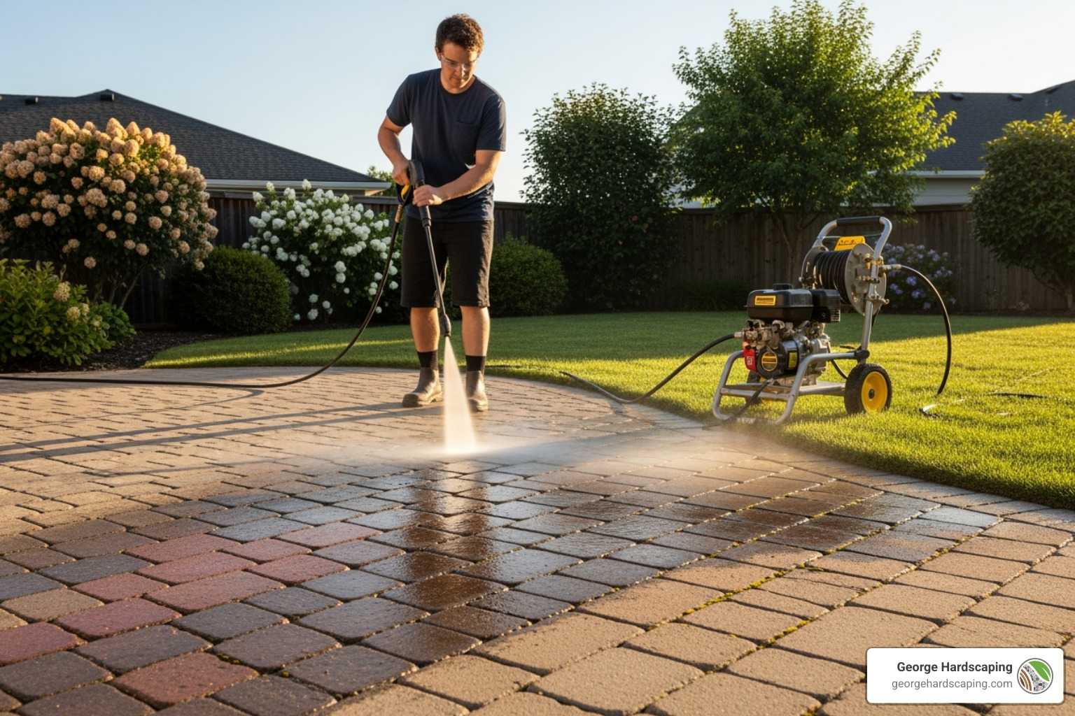 Homeowner pressure washing a paver walkway - patio and walkway contractors