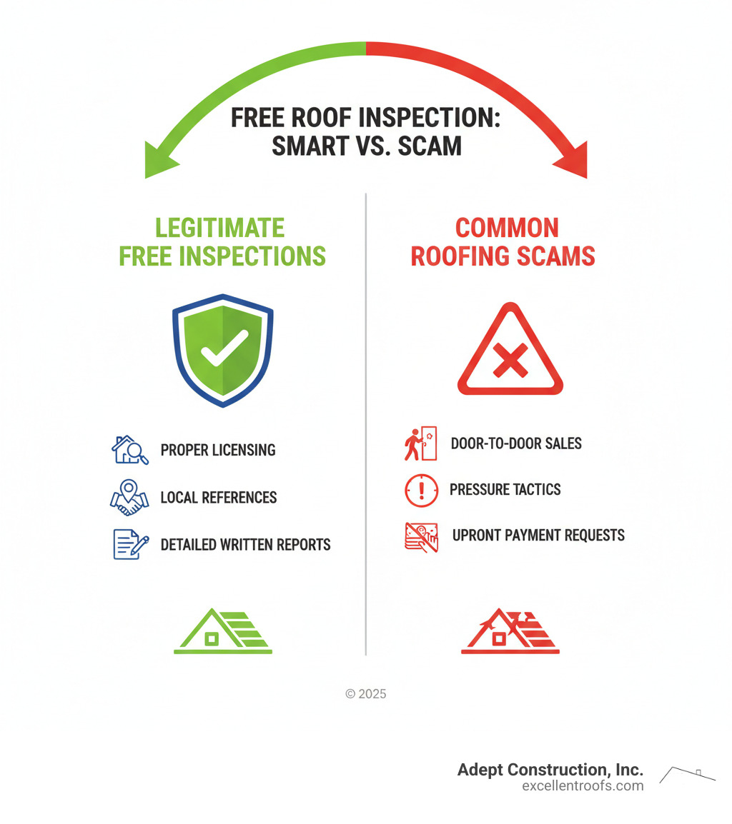 Infographic showing the difference between legitimate free roof inspections and common roofing scams, including red flags like door-to-door sales, pressure tactics, and upfront payment requests versus green flags like proper licensing, local references, and detailed written reports - Free roof inspection infographic 