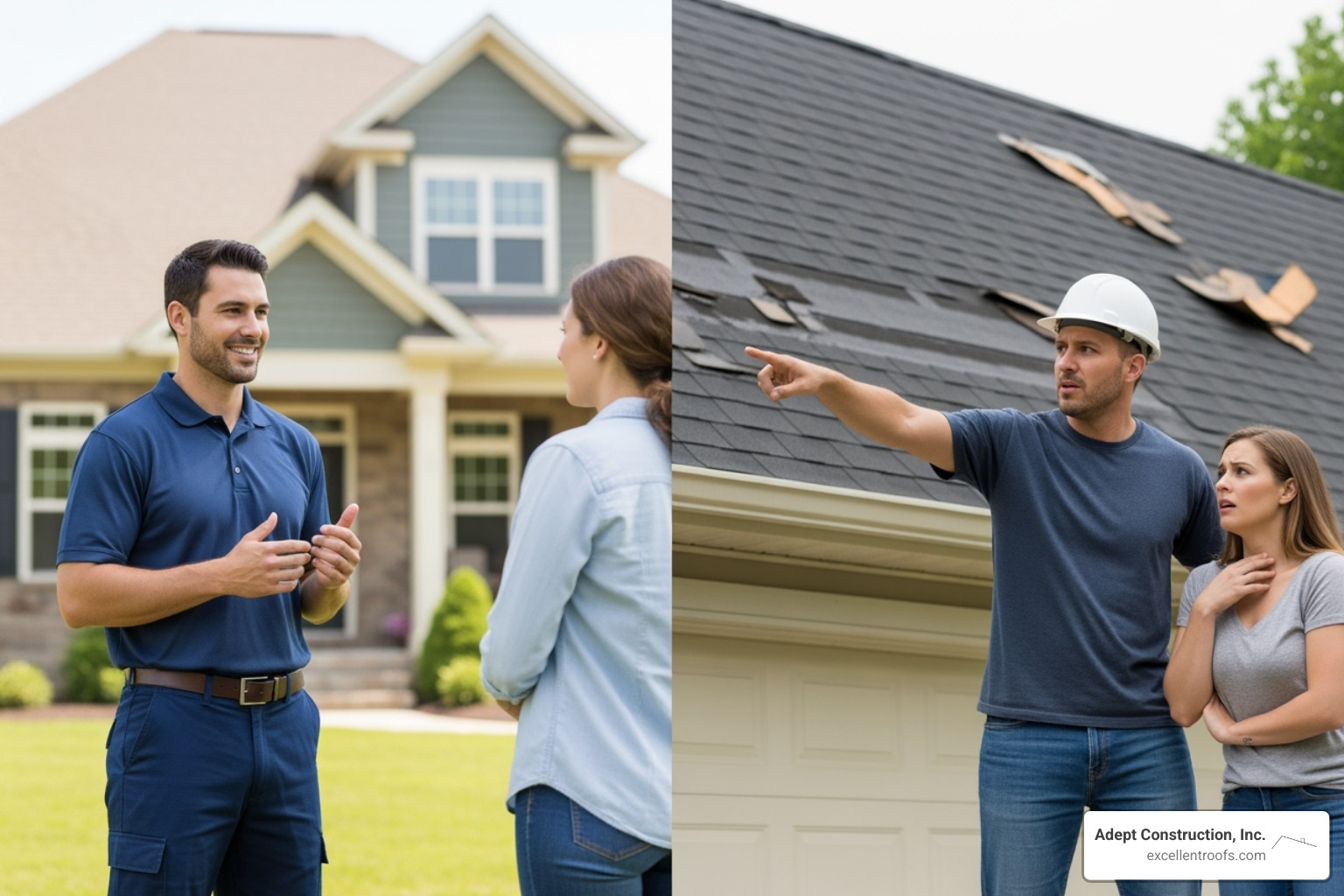 Legitimate roofer talking to a homeowner on one side, and a shady "storm chaser" pointing at a roof on the other - Free roof inspection