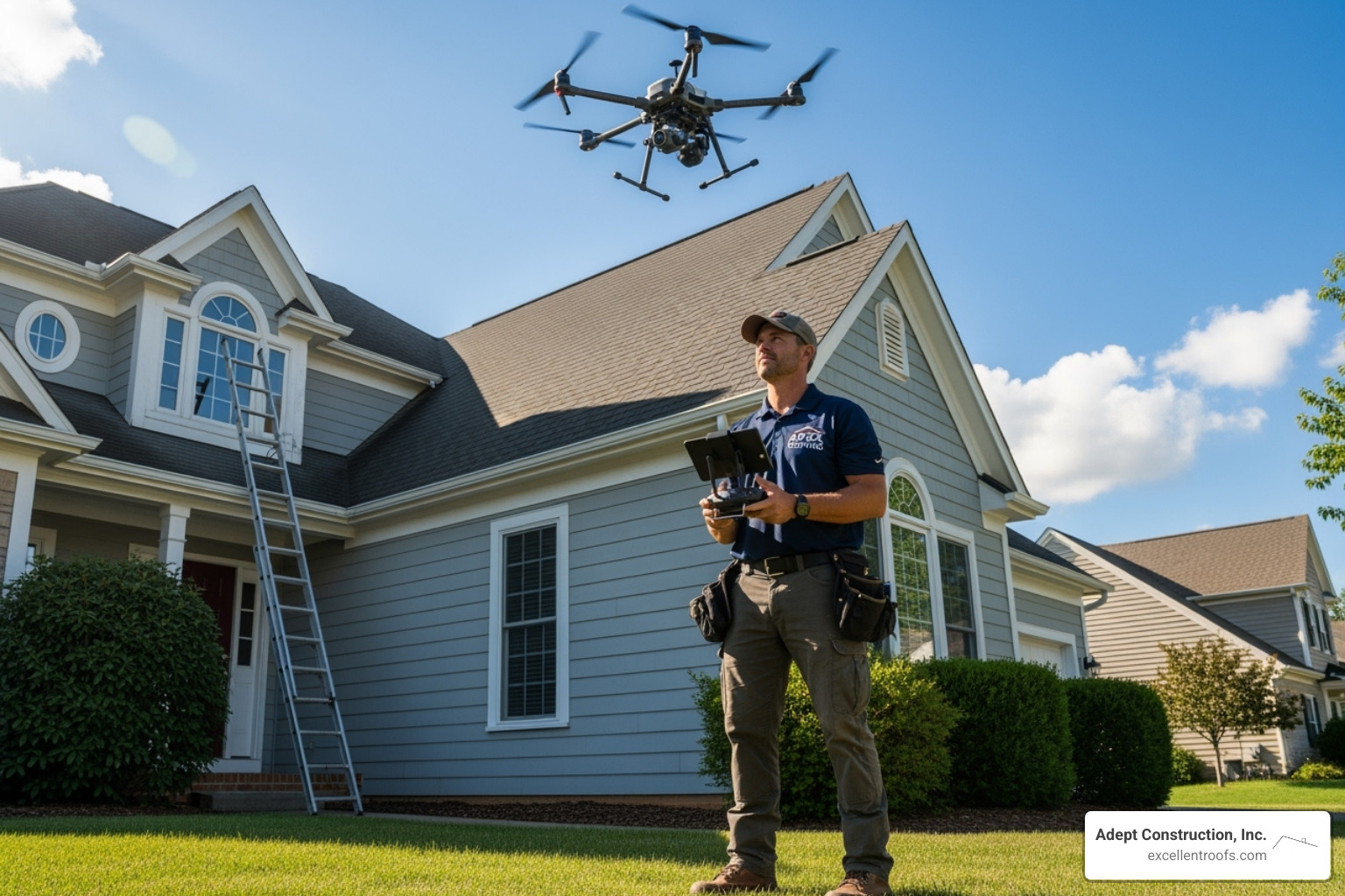 Professional roofer inspecting a roof with a drone - Free roof inspection