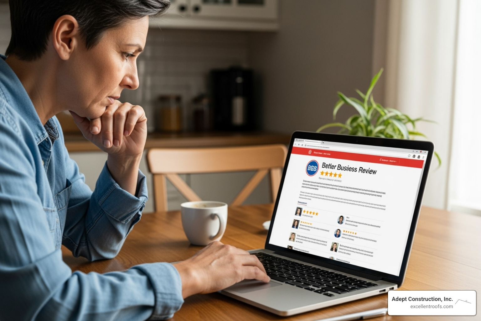 Homeowner on a laptop looking at a company's BBB page - Free roof inspection