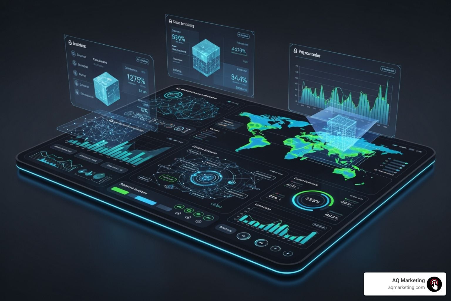 futuristic dashboard showing AI-driven marketing analytics - marketing for insurance companies