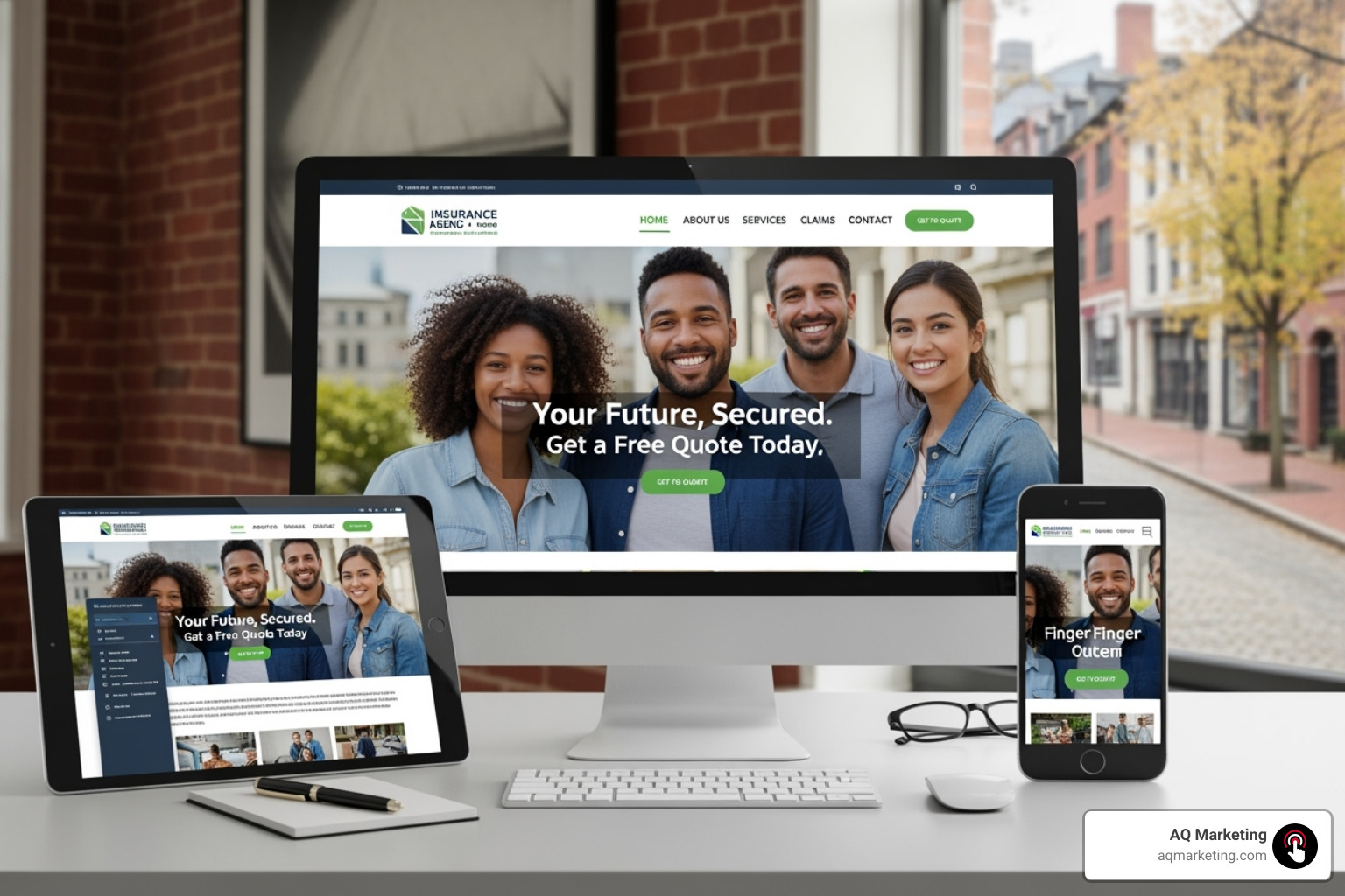 responsive insurance agency website on a desktop, tablet, and phone - marketing for insurance companies