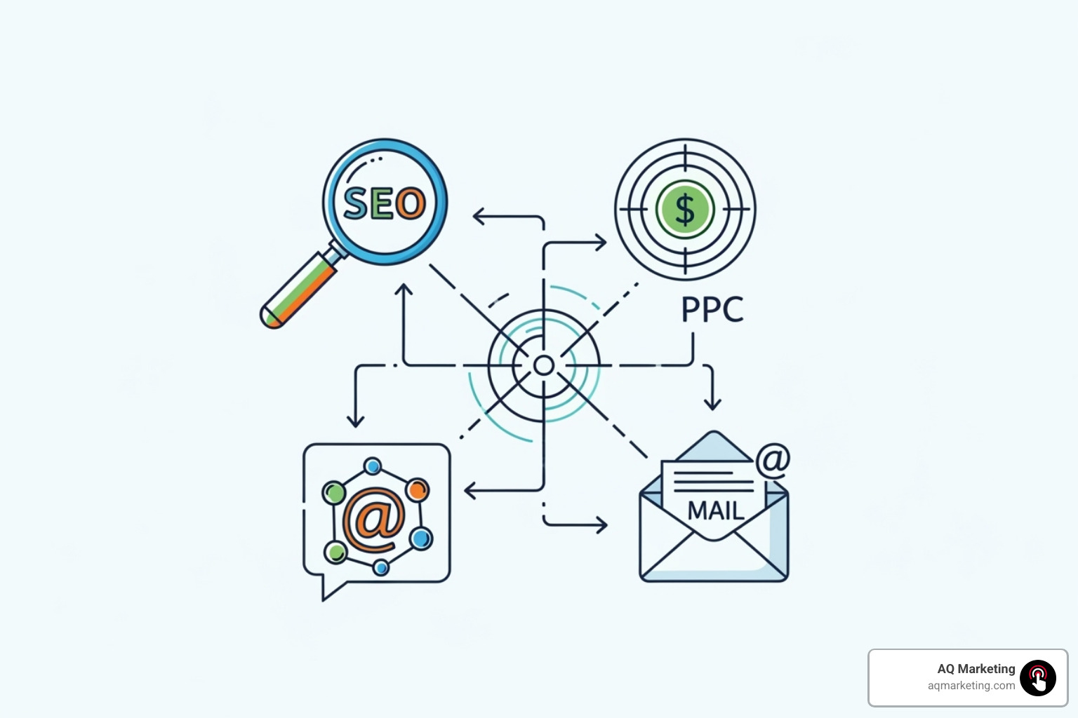 multi-channel strategy with icons for SEO, PPC, social media, and email - marketing for insurance companies