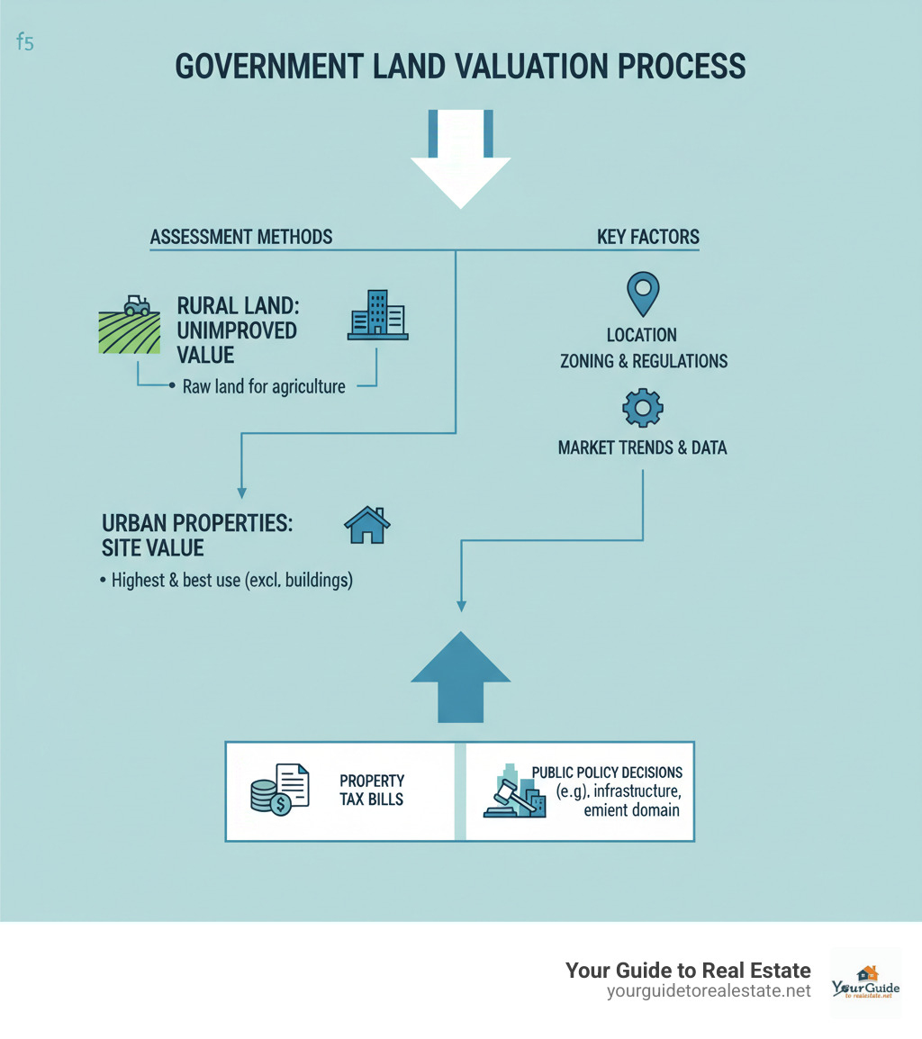 Infographic showing the government land valuation process: Assessment methods including unimproved value for rural land, site value for urban properties, factors like location and zoning, and how these lead to property tax bills and public policy decisions - government valuation of land infographic 
