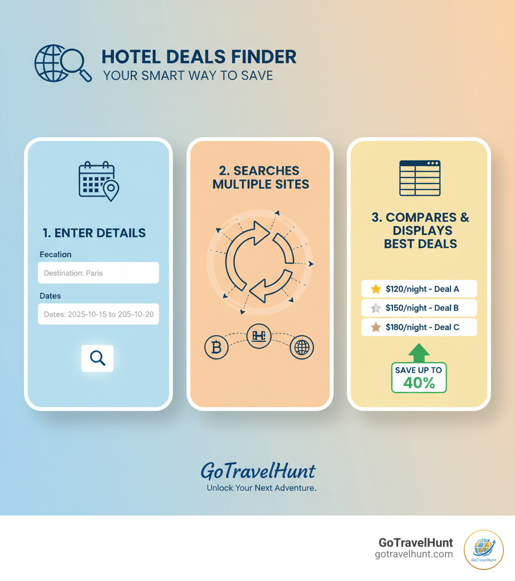 Infographic showing hotel deals finder process: traveler enters destination and dates, tool searches multiple booking sites simultaneously, displays best prices and deals in organized comparison view - hotel deals finder infographic 