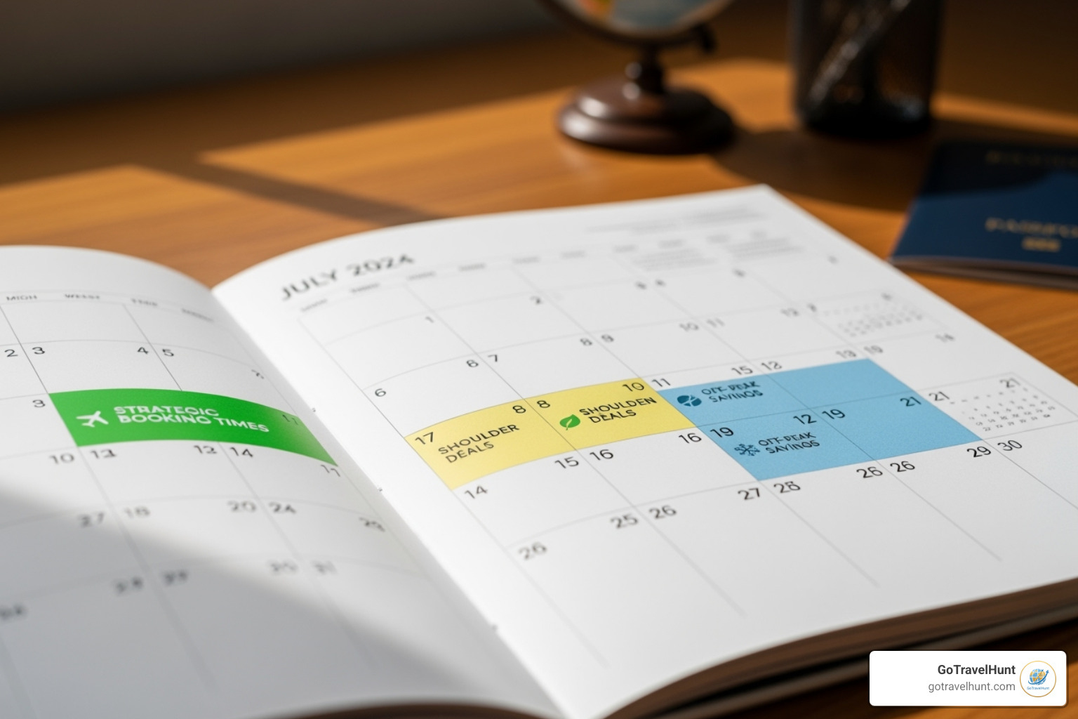 Calendar with highlighted dates indicating strategic booking times and off-peak seasons - hotel deals finder