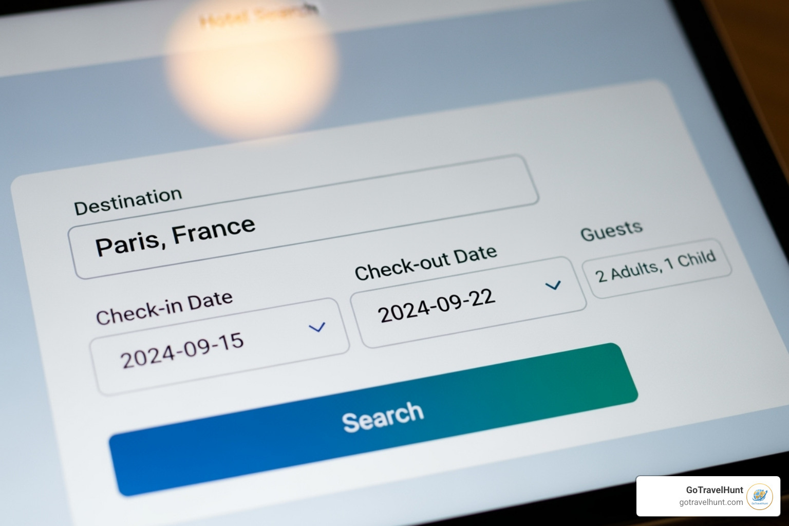 Hotel search interface with destination, dates, and guest fields filled in - hotel deals finder